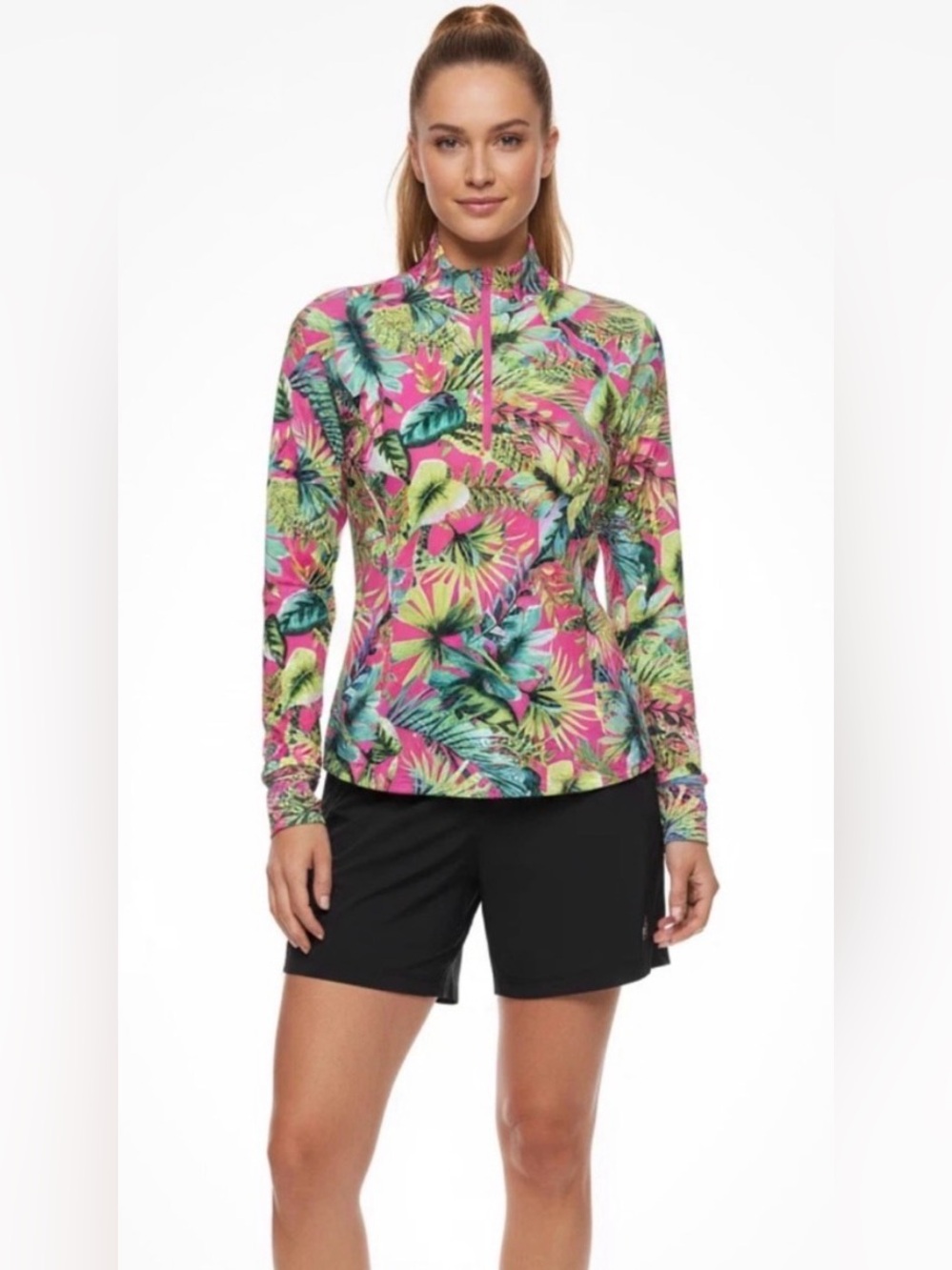 Tommy Bahama Golf Henley 1/4 Zip Pullover in Pink & Green Tropical Print. Size S
